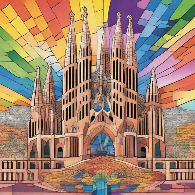 Create a stylized image of the Sagrada Família, showcasing its iconic architecture with intricate details and vibrant colors