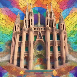 Create a stylized image of the Sagrada Família, showcasing its iconic architecture with intricate details and vibrant colors