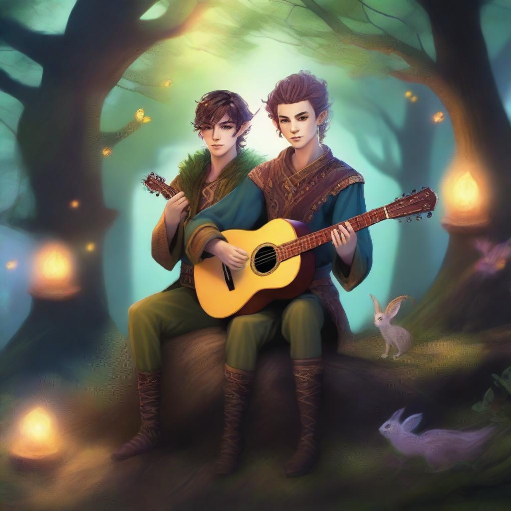 Two male half-elf bards with mohawk hairstyles playing lutes in a magical forest