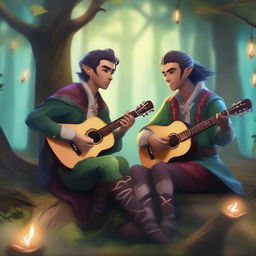 Two male half-elf bards with mohawk hairstyles playing lutes in a magical forest