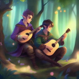 Two male half-elf bards with mohawk hairstyles playing lutes in a magical forest