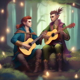 Two male half-elf bards with mohawk hairstyles playing lutes in a magical forest