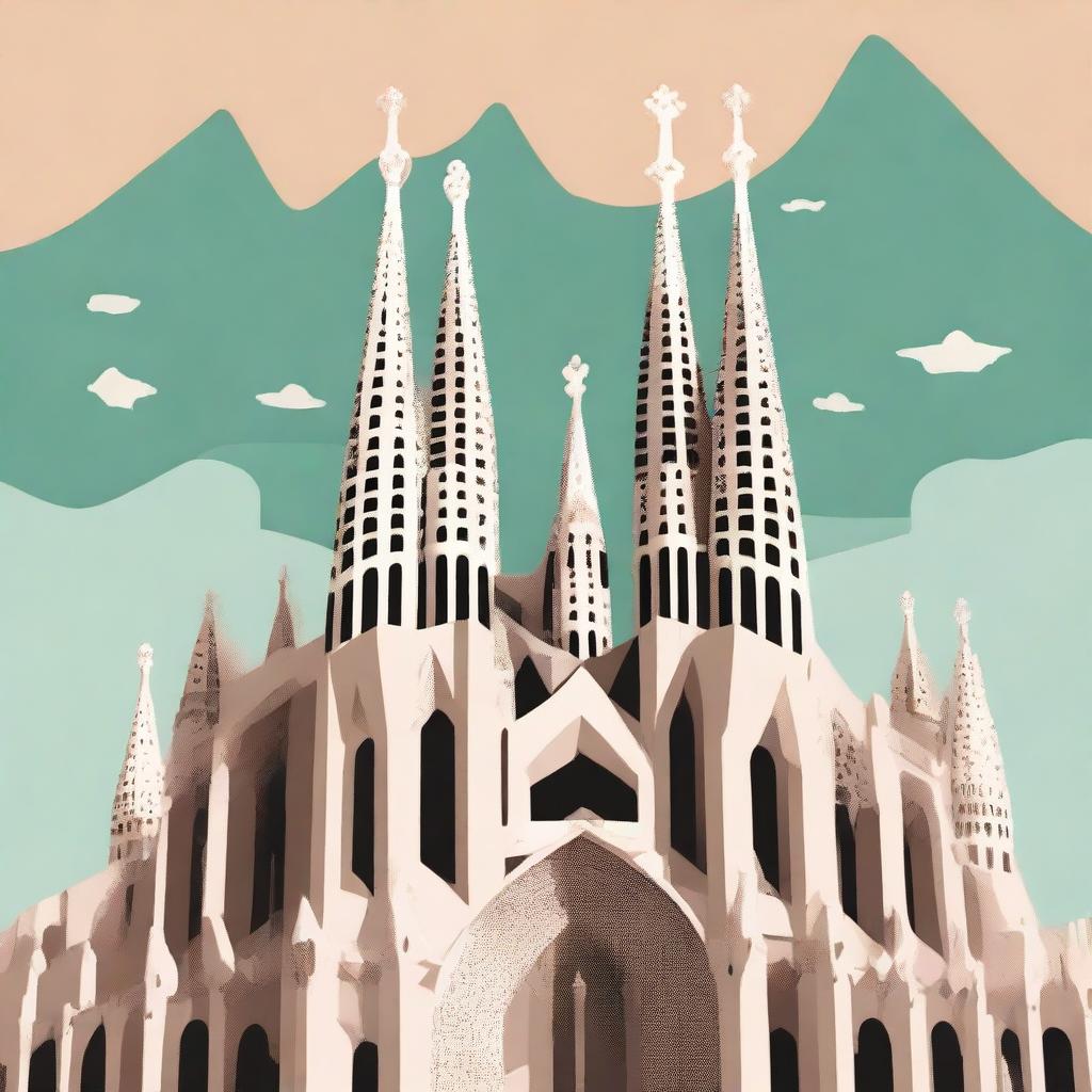 A stylized illustration of the Sagrada Família in Barcelona, Spain