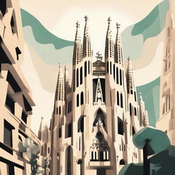 A stylized illustration of the Sagrada Família in Barcelona, Spain