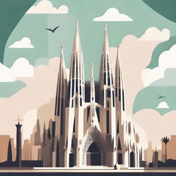 A stylized illustration of the Sagrada Família in Barcelona, Spain