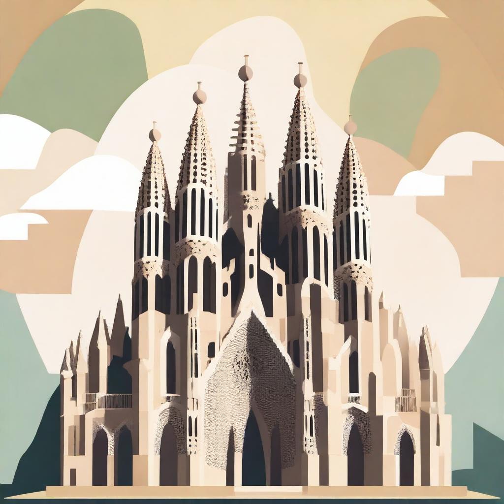 A stylized illustration of the Sagrada Família in Barcelona, Spain, with no sky in the background