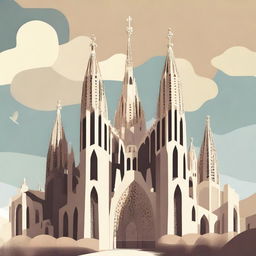 A stylized illustration of the Sagrada Família in Barcelona, Spain, with no sky in the background