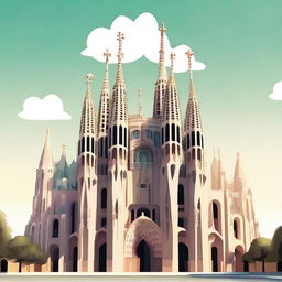 A stylized illustration of the Sagrada Família in Barcelona, Spain, with no sky in the background