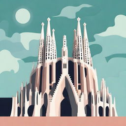 A stylized illustration of the Sagrada Família in Barcelona, Spain, with no sky in the background