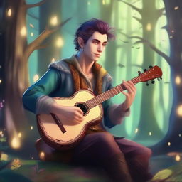 A male half-elf bard with a mohawk hairstyle playing a lute in a magical forest