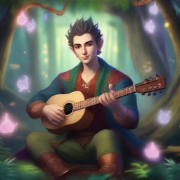 A male half-elf bard with a mohawk hairstyle playing a lute in a magical forest