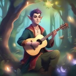 A male half-elf bard with a mohawk hairstyle playing a lute in a magical forest