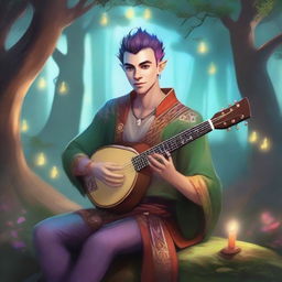 A male half-elf bard with a mohawk hairstyle playing a lute in a magical forest