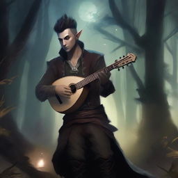 A male half-elf bard with a mohawk hairstyle playing a lute in a dark, eerie forest