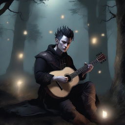 A male half-elf bard with a mohawk hairstyle playing a lute in a dark, eerie forest