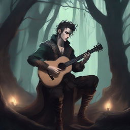 A male half-elf bard with a mohawk hairstyle playing a lute in a dark, eerie forest