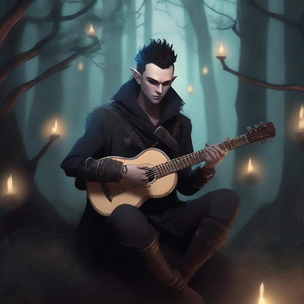 A male half-elf bard with a mohawk hairstyle playing a lute in a dark, eerie forest