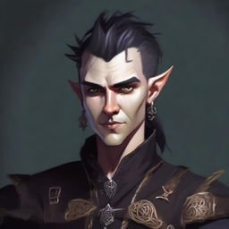 A portrait of a male half-elf bard with a mohawk hairstyle, similar to the second image provided