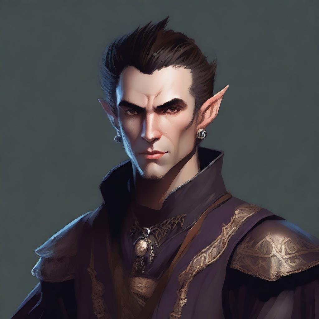 A portrait of a male half-elf bard with a mohawk hairstyle, similar to the second image provided