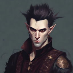 A portrait of a male half-elf bard with a mohawk hairstyle, similar to the second image provided