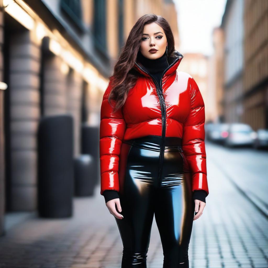 A young woman with a curvy figure wearing a black shiny tight closed puffer jacket and red latex pants