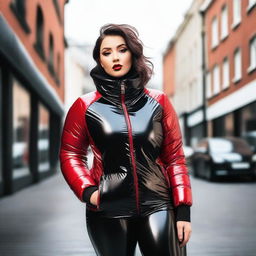 A young woman with a curvy figure wearing a black shiny tight closed puffer jacket and red latex pants