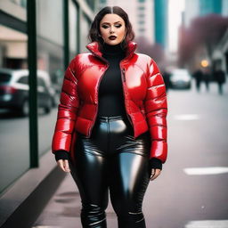 A young woman with a curvy figure wearing a black shiny tight closed puffer jacket and red latex pants