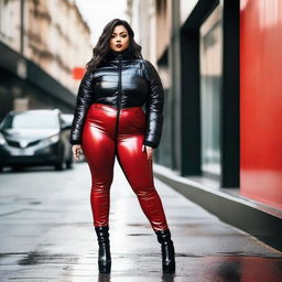 A young woman with a curvy figure wearing a black shiny tight closed puffer jacket and red latex pants