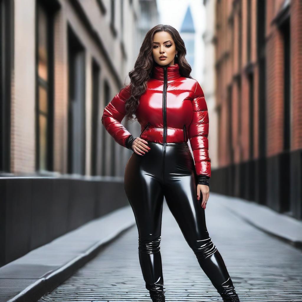 A woman with an hourglass figure wearing a shiny tight closed black puffer jacket and red latex leggings