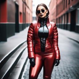 A woman with an hourglass figure wearing a shiny tight closed black puffer jacket and red latex leggings