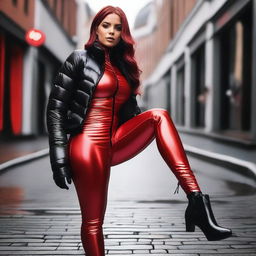 A woman with an hourglass figure wearing a shiny tight closed black puffer jacket and red latex leggings