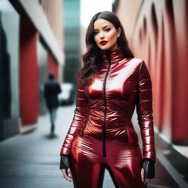 A woman with an hourglass figure wearing a shiny tight closed black puffer jacket and red latex leggings