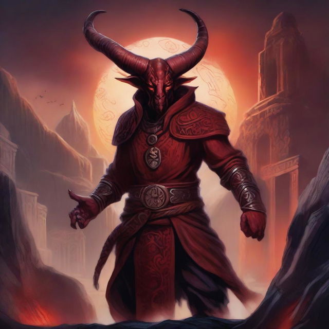 A detailed and vibrant illustration of a Tiefling, a humanoid creature with demonic heritage