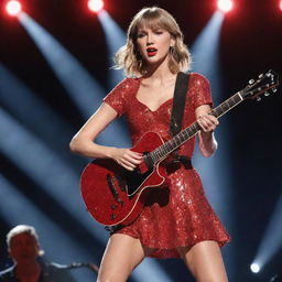 Illustration of Taylor Swift in a concert setting, playing her guitar, in her iconic glittery, red outfit lit by vibrant spotlights