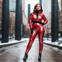 A woman with an hourglass figure wearing a shiny tight closed black puffer jacket and red latex leggings