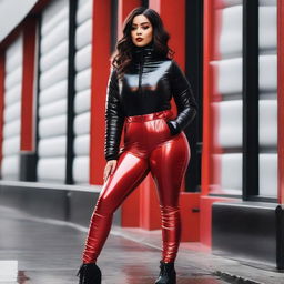 A woman with an hourglass figure wearing a shiny tight closed black puffer jacket and red latex leggings