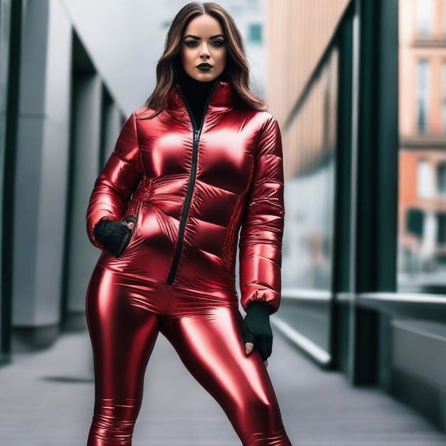 A woman with an hourglass figure wearing a shiny tight closed black puffer jacket and red latex leggings