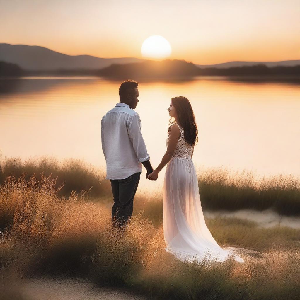 Create a romantic cover page featuring a couple holding hands in a picturesque setting with a sunset in the background