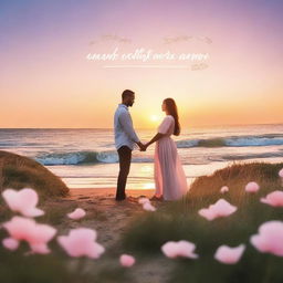 Create a romantic cover page featuring a couple holding hands in a picturesque setting with a sunset in the background