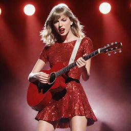 Illustration of Taylor Swift in a concert setting, playing her guitar, in her iconic glittery, red outfit lit by vibrant spotlights