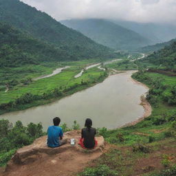 A picturesque colony nestled in a hilly region with a meandering river nearby. A boy and girl are seen sitting harmoniously by the shore, sharing a tranquil moment.