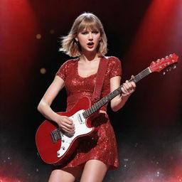 Illustration of Taylor Swift in a concert setting, playing her guitar, in her iconic glittery, red outfit lit by vibrant spotlights