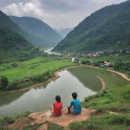 A picturesque colony nestled in a hilly region with a meandering river nearby. A boy and girl are seen sitting harmoniously by the shore, sharing a tranquil moment.