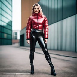 A stylish woman in a shiny tight closed black puffer jacket and red latex leggings, showcasing a modern and edgy fashion look