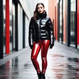 A fashionable woman wearing a shiny tight closed black puffer jacket and red latex leggings