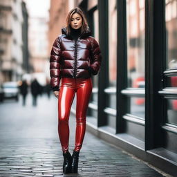 A fashionable woman wearing a shiny tight closed black puffer jacket and red latex leggings