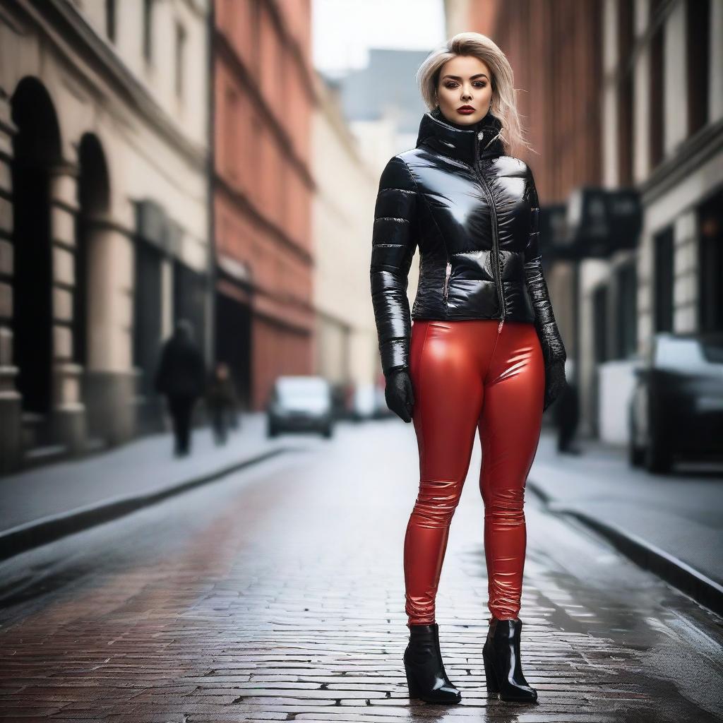 A fashionable woman wearing a shiny tight closed black puffer jacket and red latex leggings