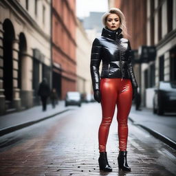 A fashionable woman wearing a shiny tight closed black puffer jacket and red latex leggings