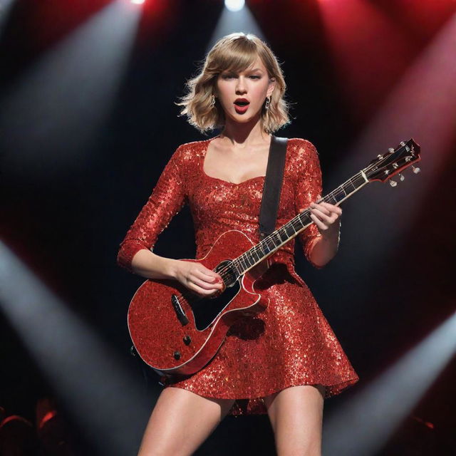 Illustration of Taylor Swift in a concert setting, playing her guitar, in her iconic glittery, red outfit lit by vibrant spotlights