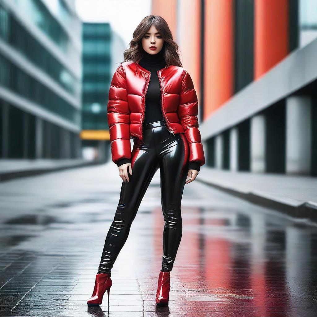 A fashionable woman wearing a shiny tight closed black puffer jacket and red latex leggings